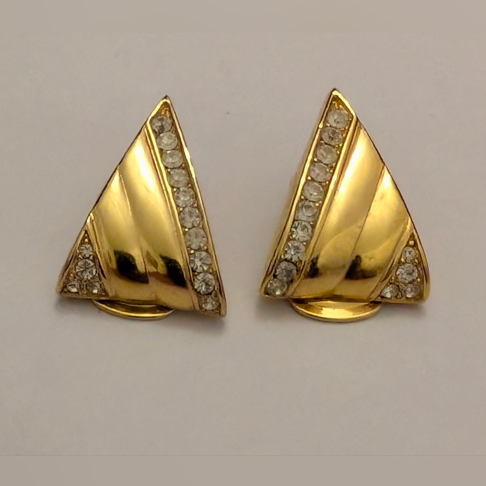 Vendome Goldtone/Rhinestone Triangular Clip On Earrings
